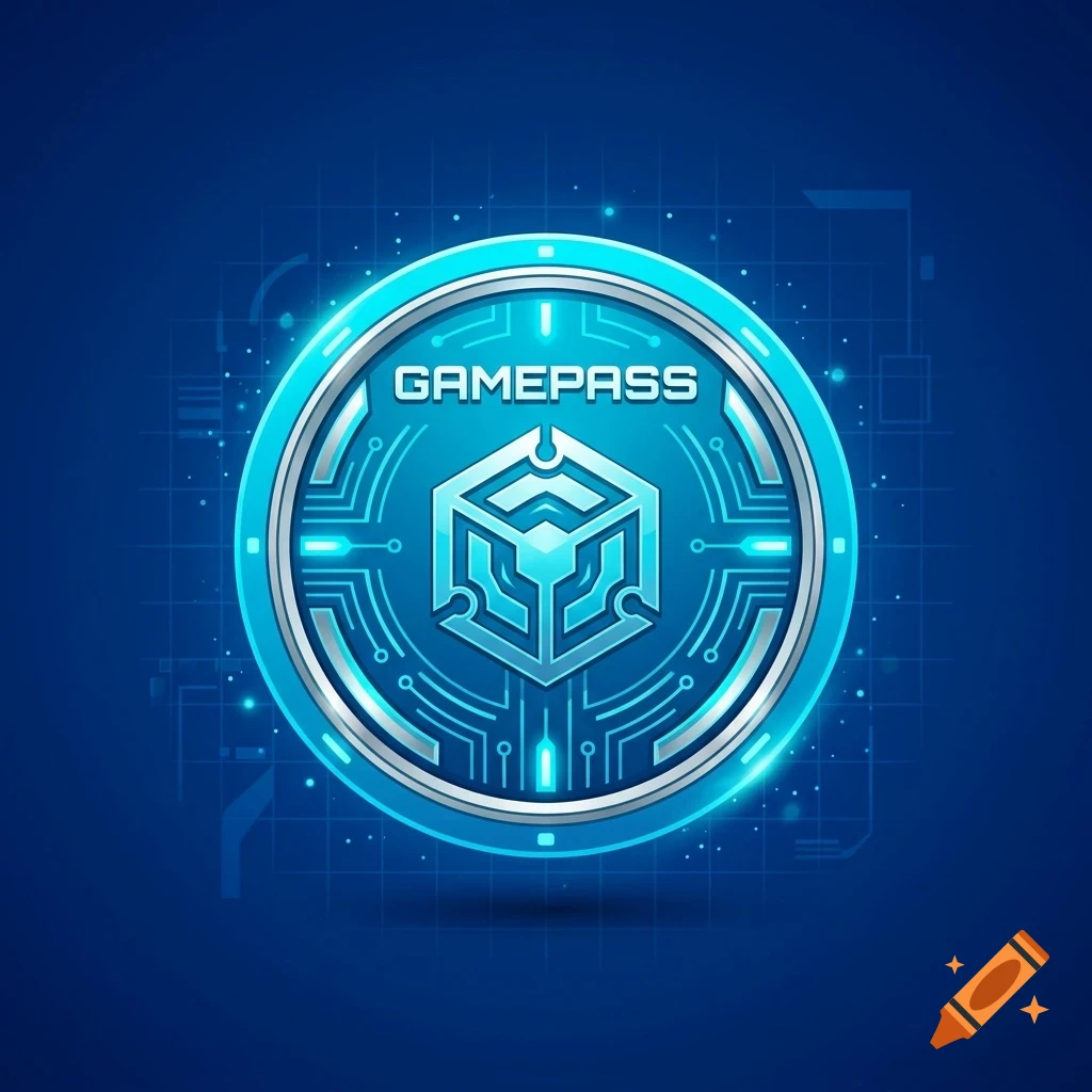 A glowing blue futuristic coin or token with the word GAMEPASS and a geometric cube symbol in the center against a dark blue digital background.
