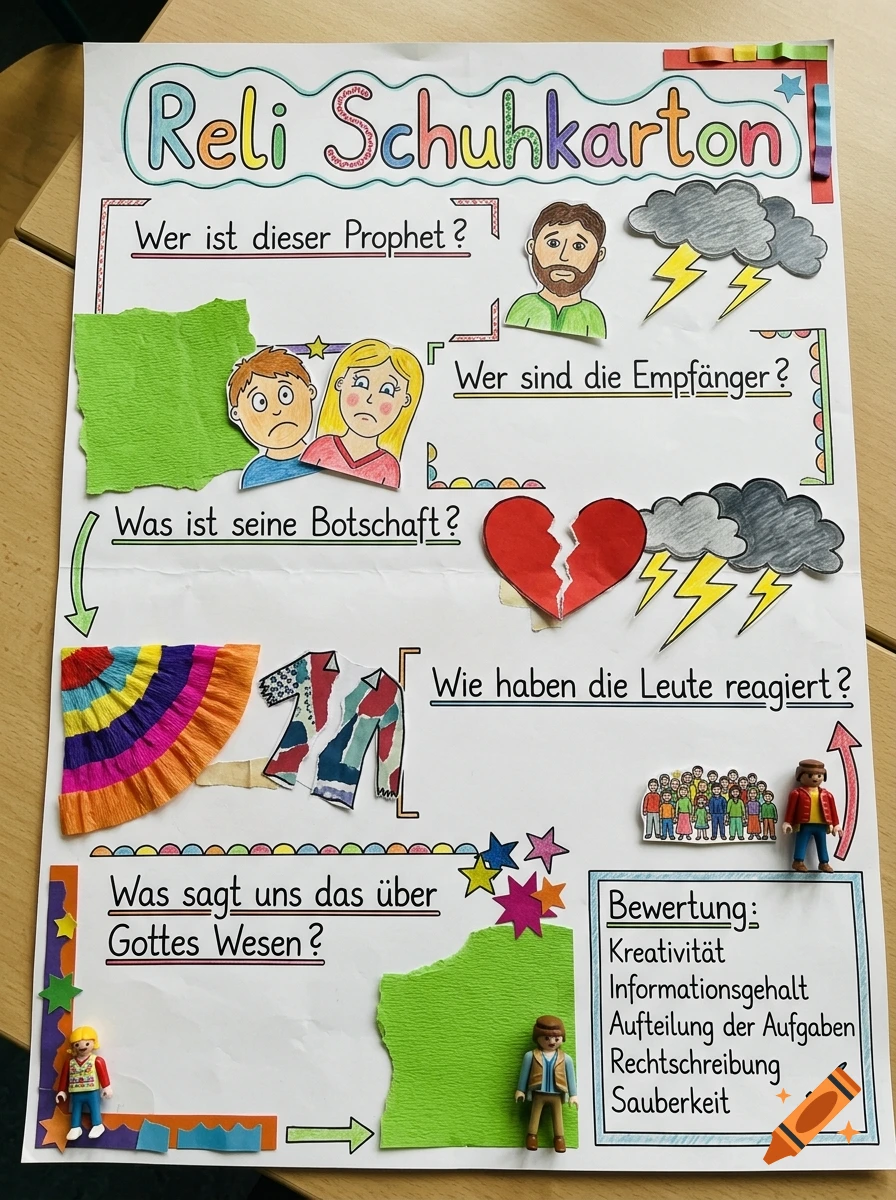 Handmade school poster titled Reli Schuhkarton with religious questions, drawings, Playmobil figures, and text.