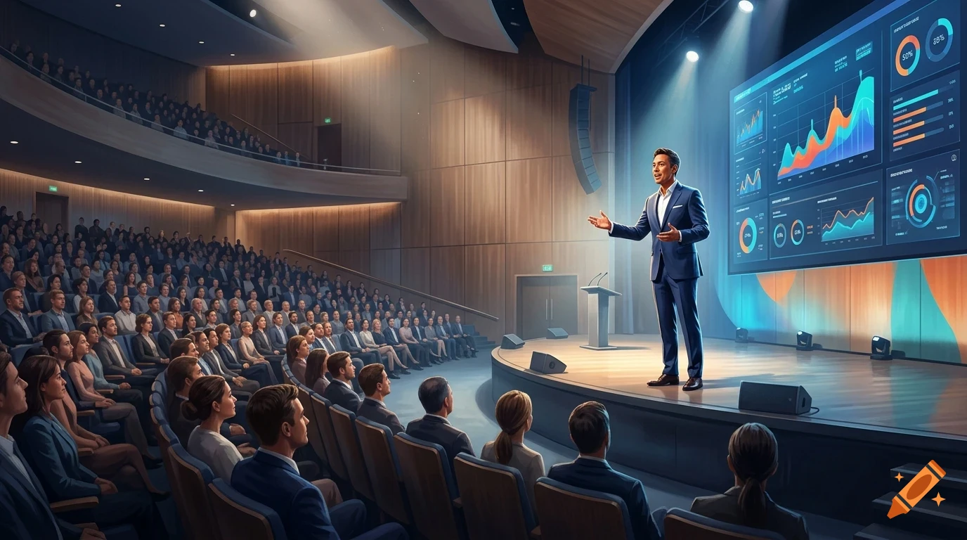 A man in a suit presenting on a stage in front of a large audience in an auditorium, with data charts displayed on a screen.