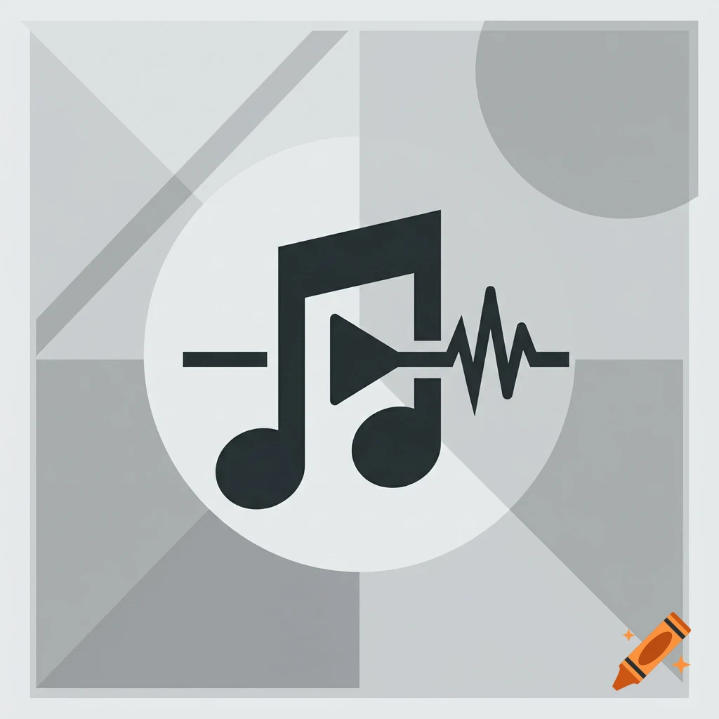An abstract graphic in shades of gray featuring a musical note combined with audio waves and a play symbol.