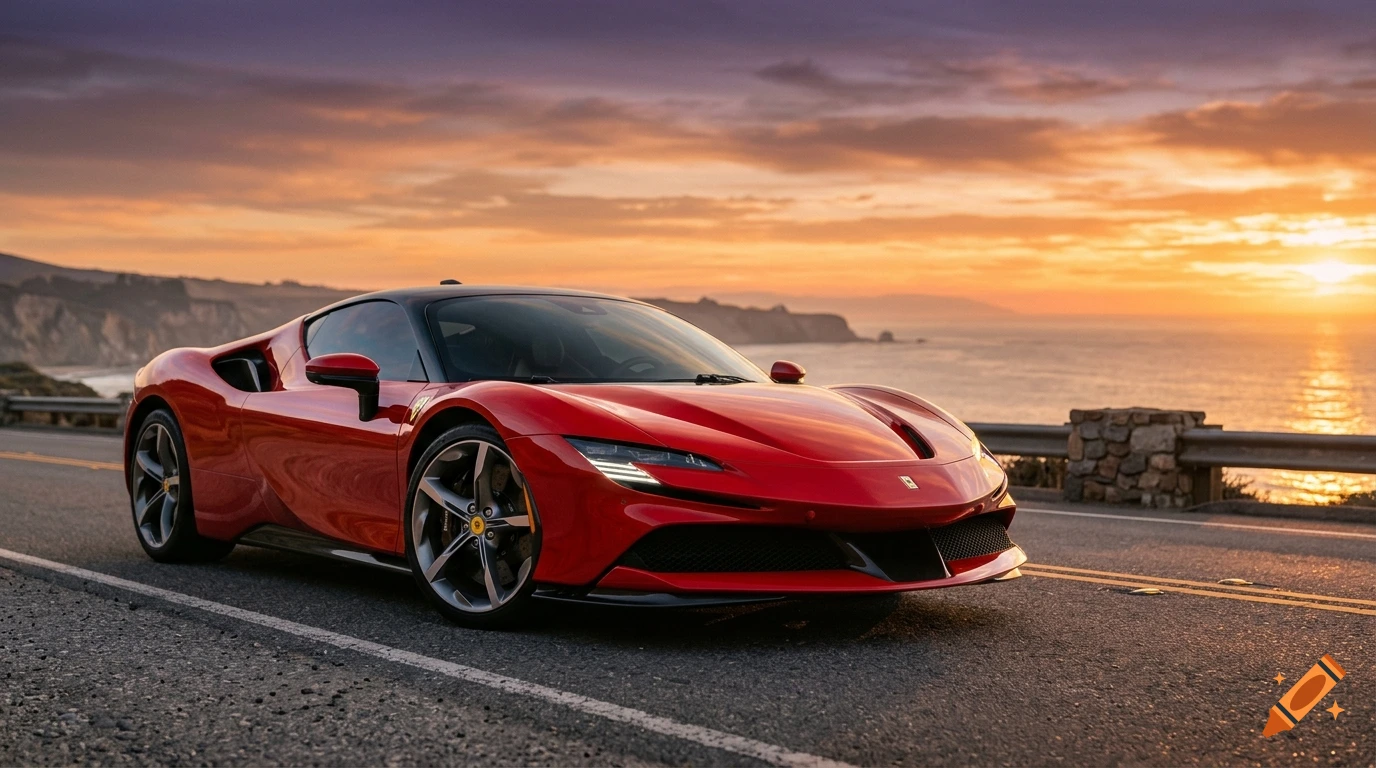Photorealistic image of a red sports car parked on a coastal road during a vibrant sunset.