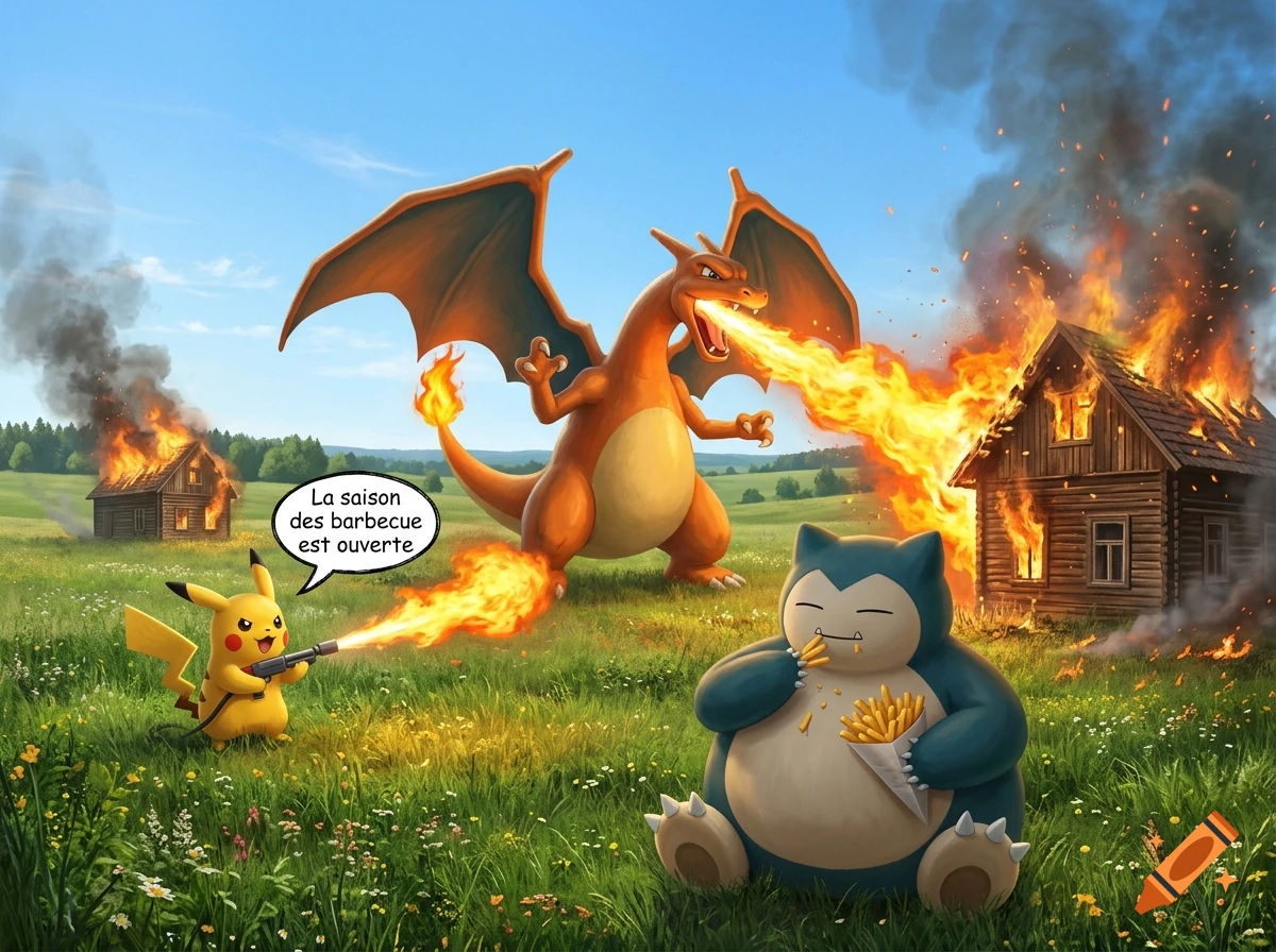 Charizard and Pikachu with a flamethrower burning houses in a green field, while Snorlax eats fries in the foreground, digital art.