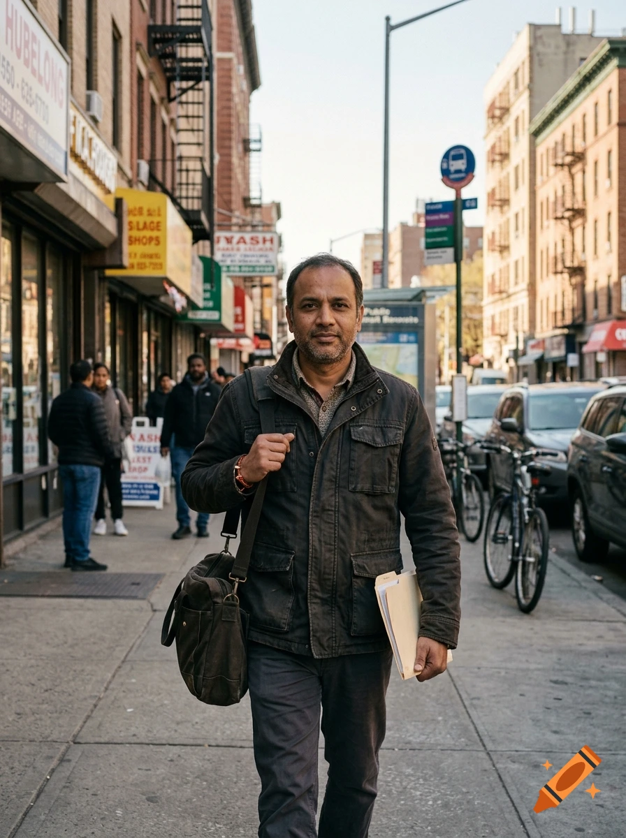 Photorealistic street scene of a middle-aged South Asian man walking on a New York sidewalk with a messenger bag and folders.