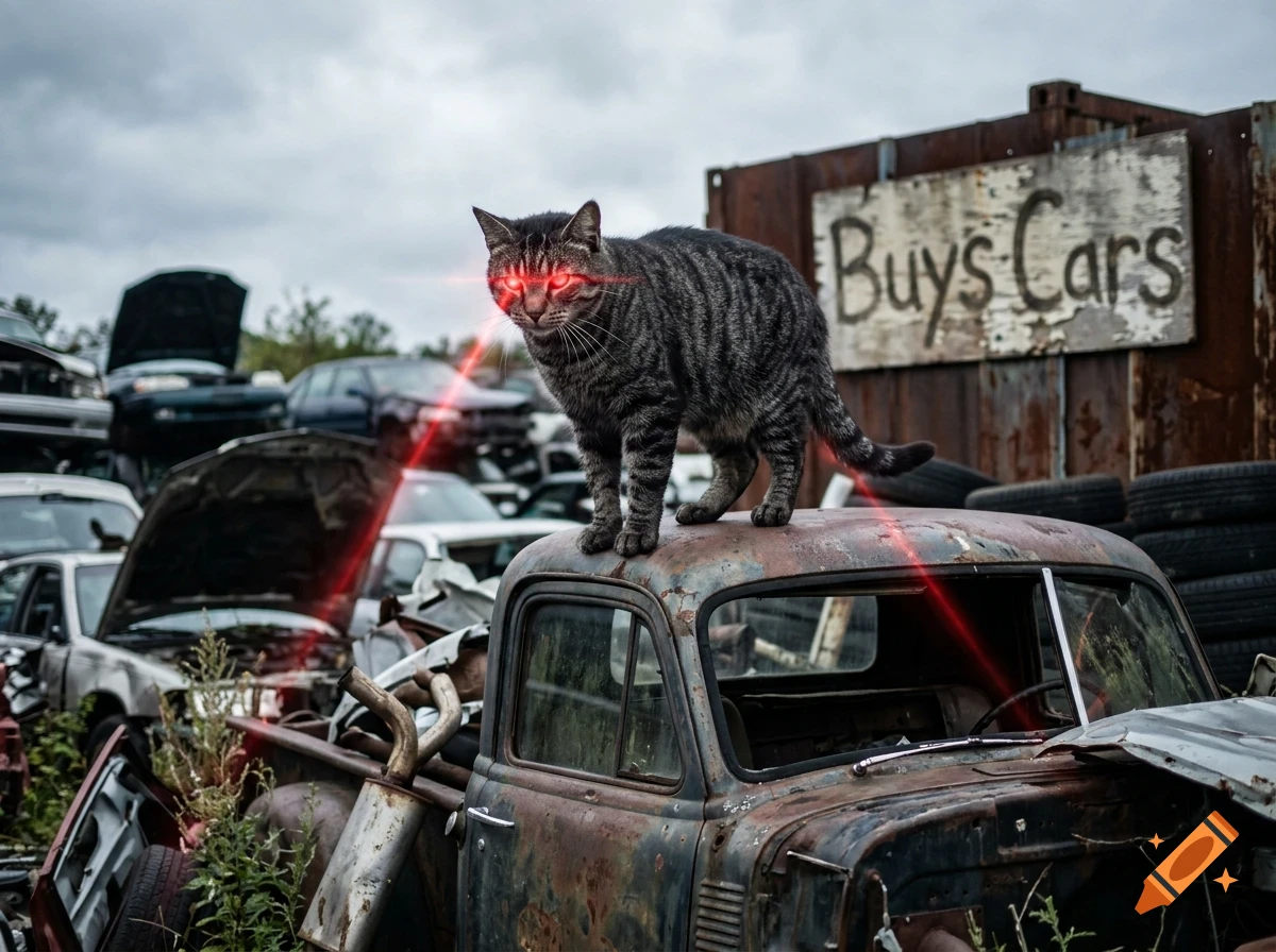 A tabby cat with glowing red laser beams shooting from its eyes stands atop an old rusted truck in a junkyard.