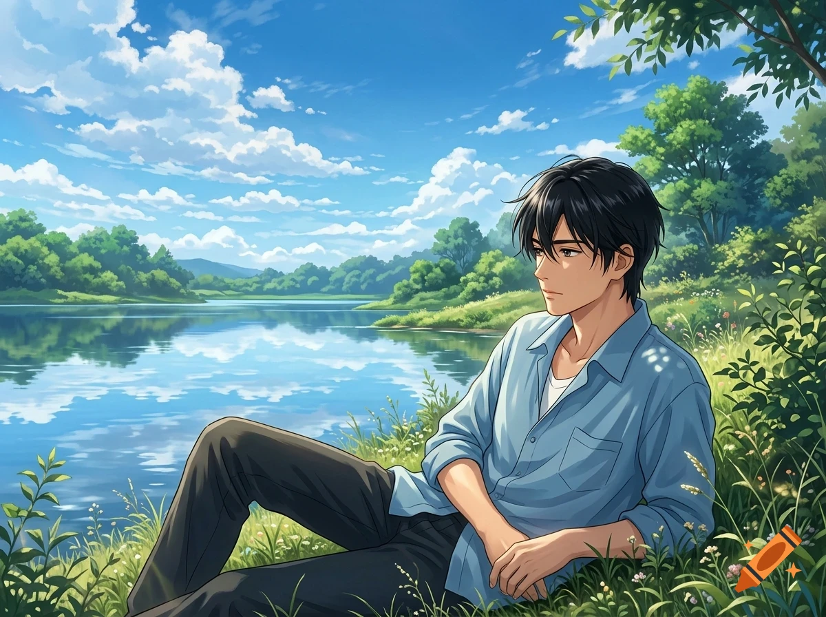 An anime-style illustration of a young man with dark hair relaxing by the grassy bank of a tranquil lake under a blue sky with fluffy white clouds.