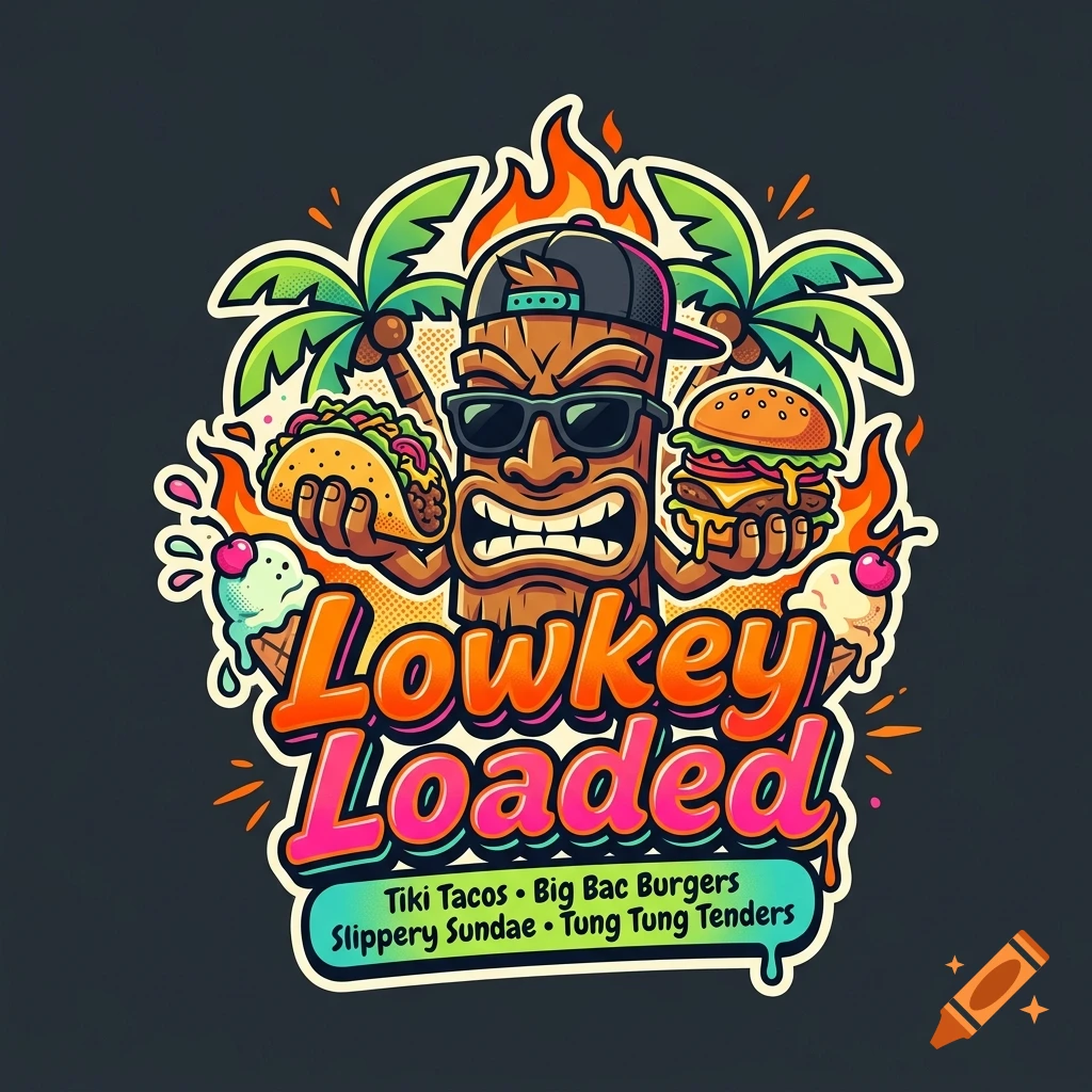 Cartoon logo of a tiki mask wearing sunglasses and a cap, holding a taco and a burger, with text reading Lowkey Loaded.