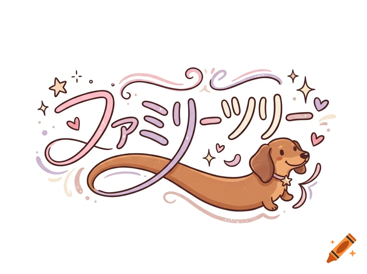 An illustrated, long dachshund dog accompanied by Japanese lettering, stars, hearts, and decorative flourishes in pastel pink and purple.