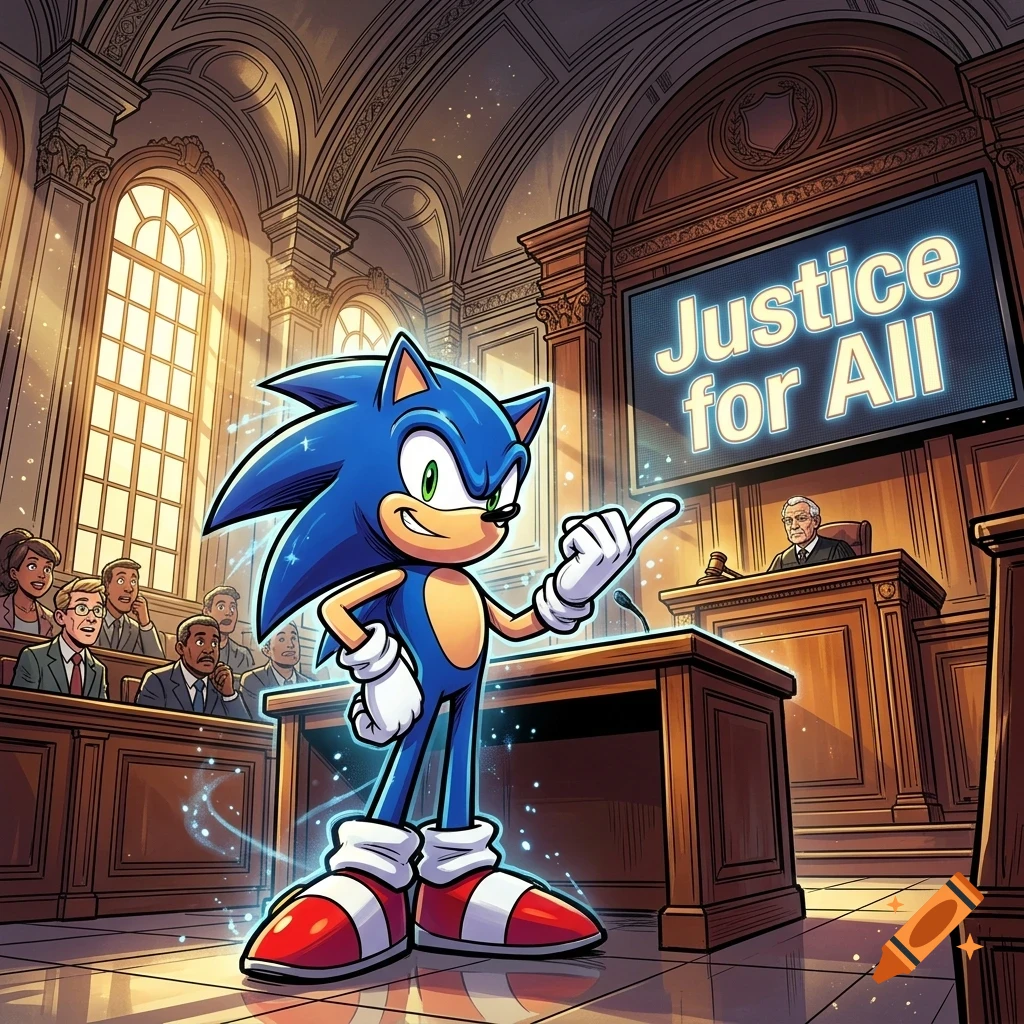 Sonic the Hedgehog stands in a courtroom with a judge and jury, with a large screen displaying the words Justice for All.