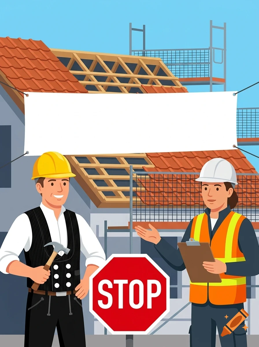 Vector illustration of two construction workers in front of a building site with a stop sign and a blank banner.