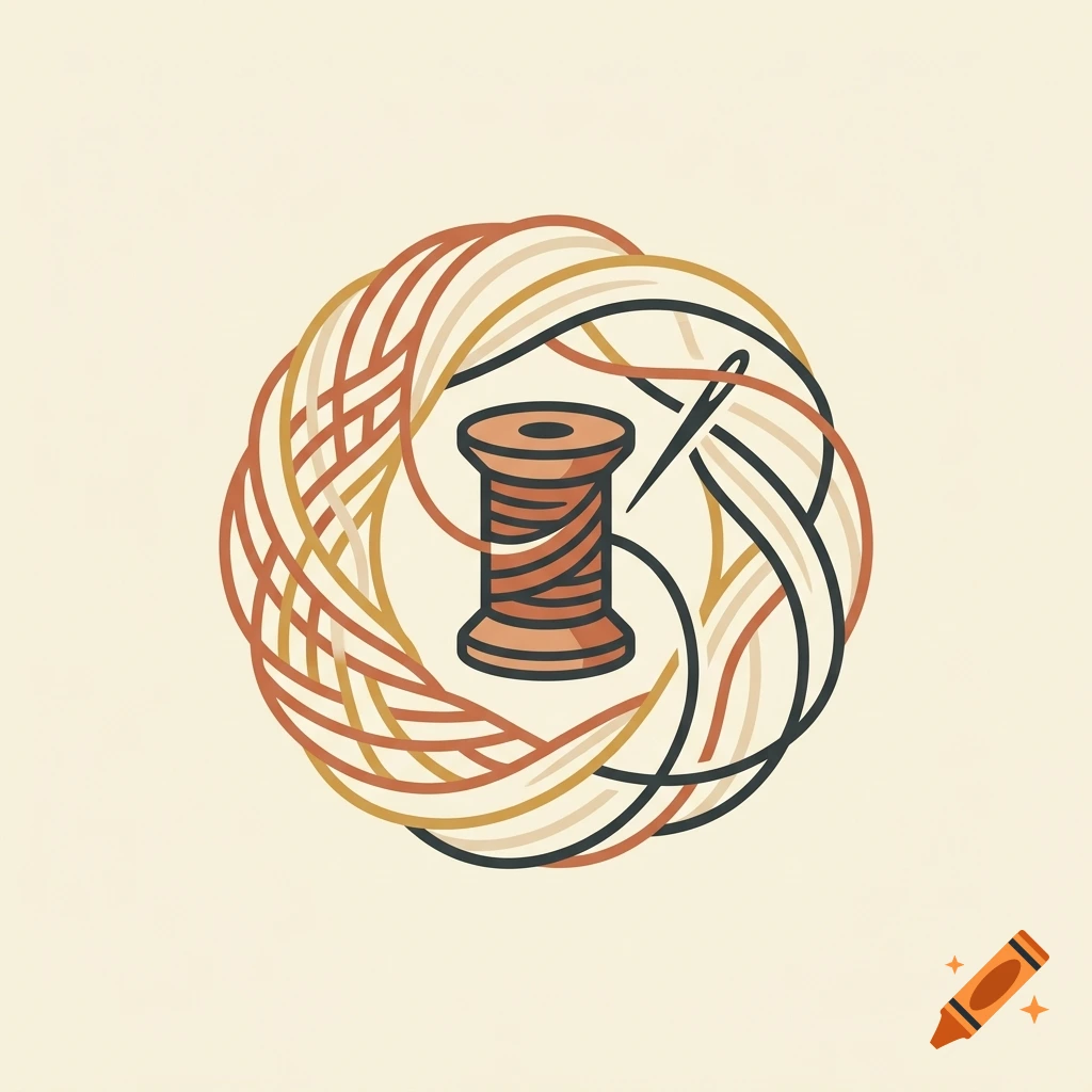 Minimalist logo featuring a spool of thread with a needle inside a ball of yarn, vector illustration style