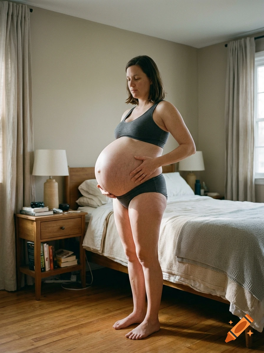 Photorealistic image of a pregnant woman in a bra and underwear standing in a bedroom.