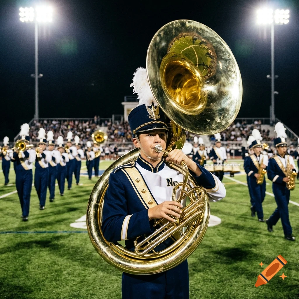 A marching band member plays a large brass sousaphone on a lighted football field at night.