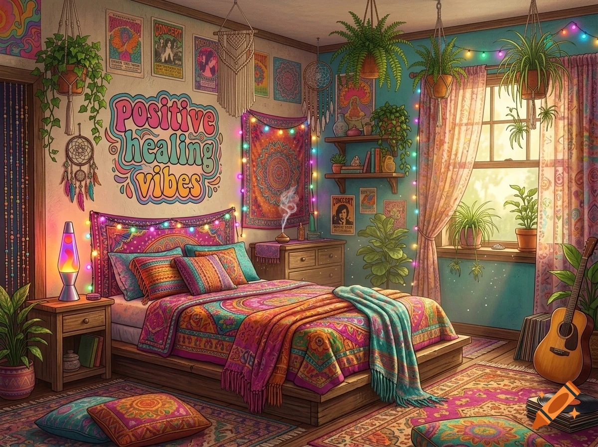 An illustrated cozy bedroom decorated in a bohemian style with colorful tapestries, hanging plants, fairy lights, and lettering on the wall that says Positive healing vibes.