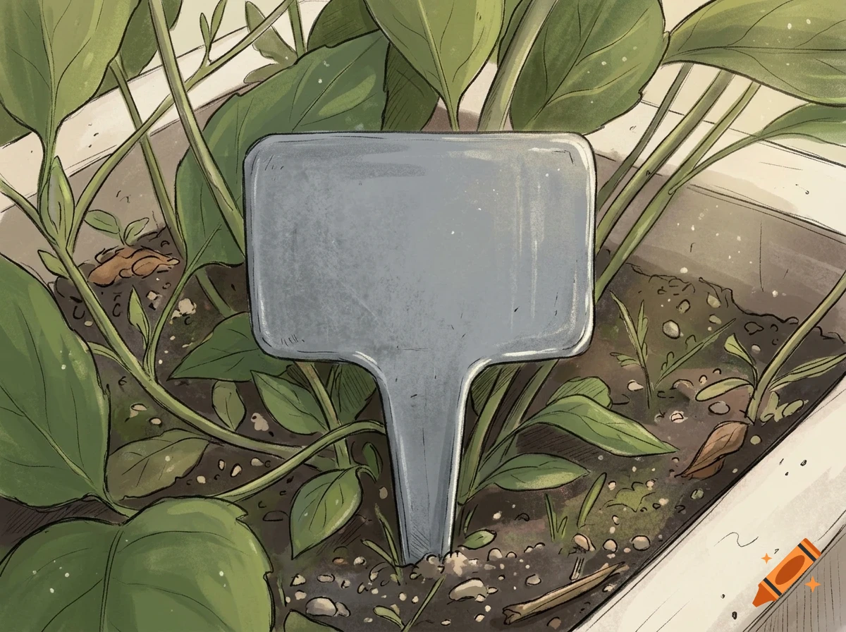 An illustrated top-down view of a blank grey plant marker stuck in the soil surrounded by green foliage inside a planter box.