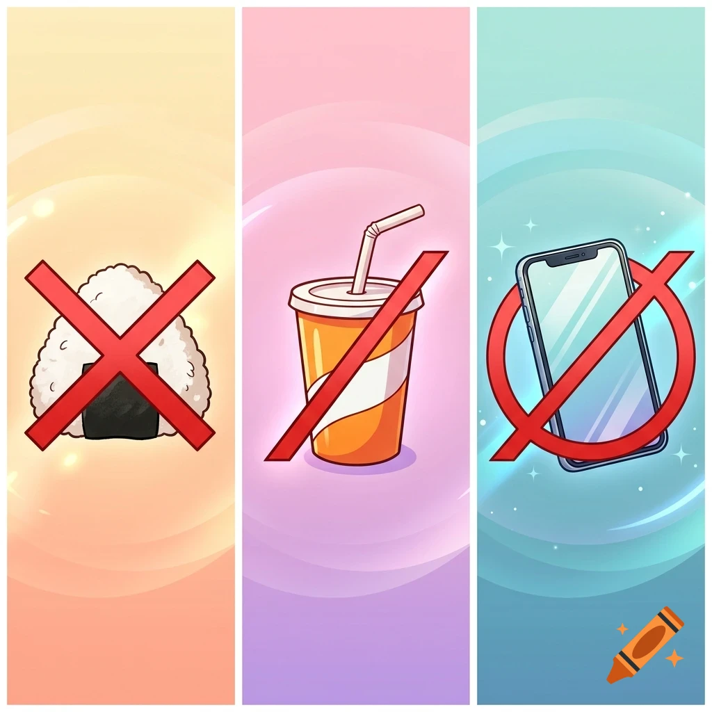 Three vertical panels showing a prohibited rice ball, a prohibited drink in a cup, and a prohibited smartphone, each crossed out with a red symbol.
