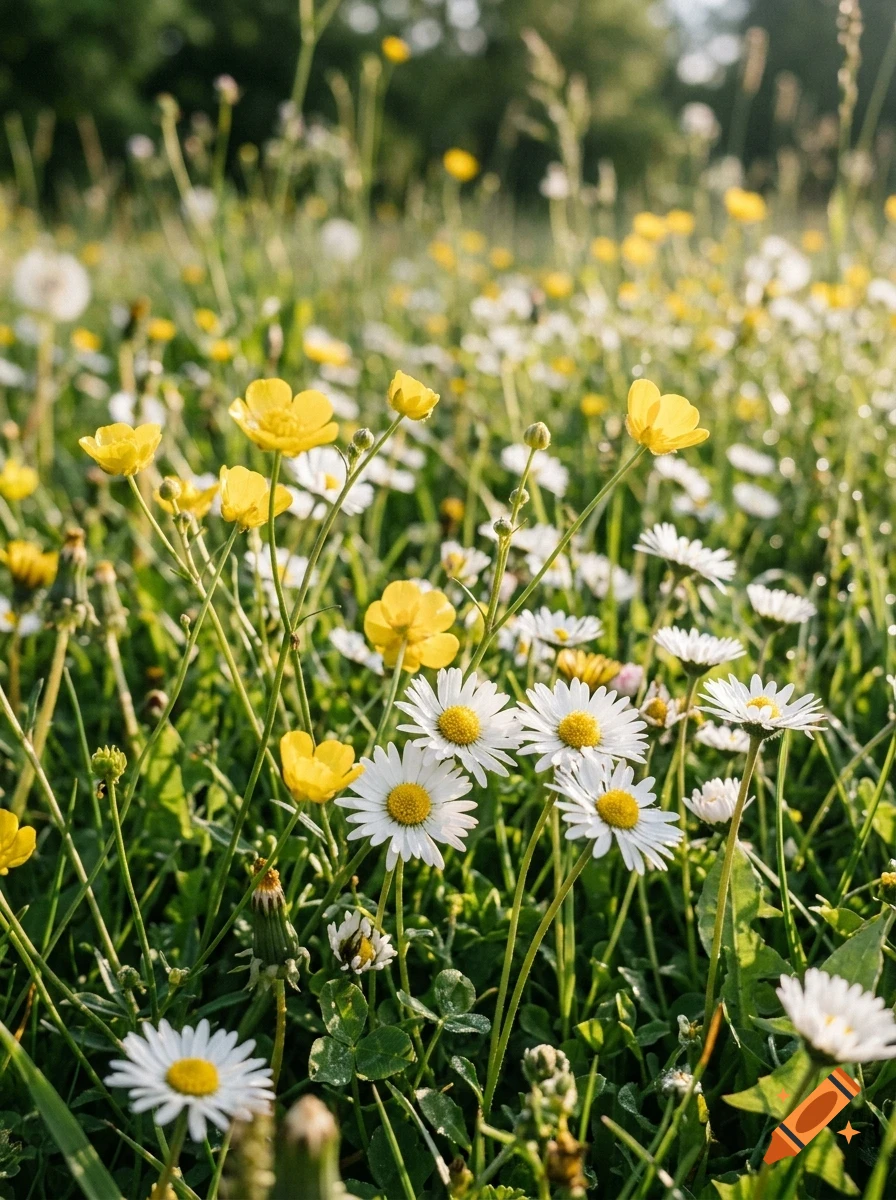 Close-up of yellow buttercups and white daisies blooming in a sunlit meadow.
