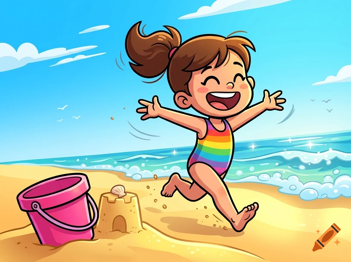 Cartoon illustration of a smiling girl in a colorful swimsuit running joyfully on a sandy beach near the ocean, with a pink bucket and a sandcastle nearby.