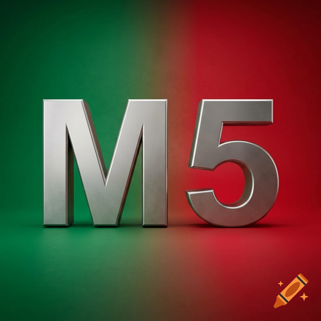 3D metallic characters 'M5' standing on a surface against a green and red gradient background