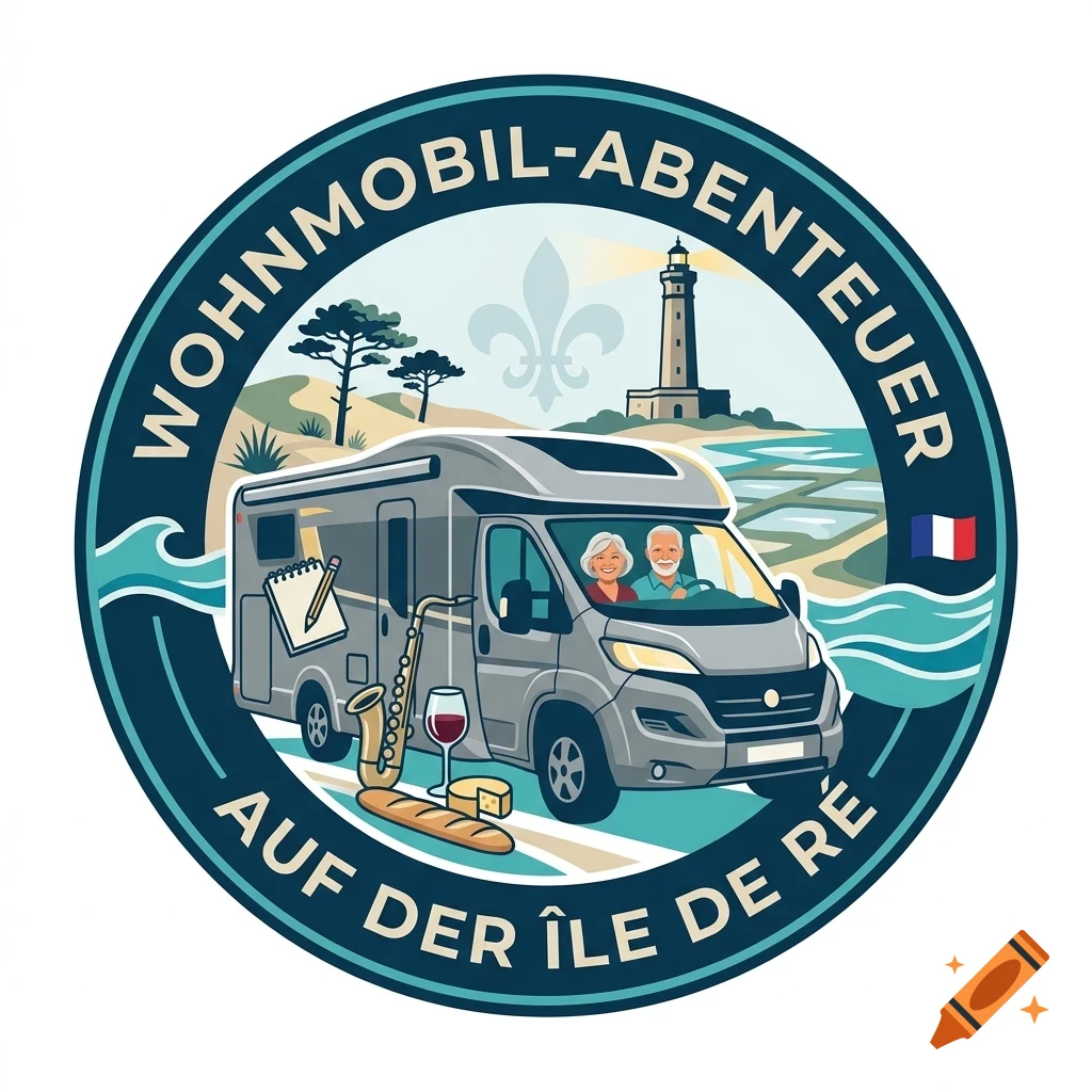 Round emblem featuring a motorhome driven by an older couple, surrounded by a lighthouse, coastal landscape, saxophone, wine, baguette, cheese, and the text WOHNMOBIL-ABENTEUER AUF DER ÎLE DE RÉ.
