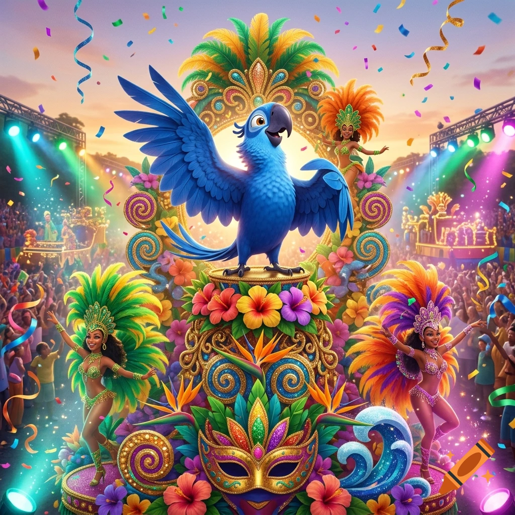 Blue macaw from the movie Rio standing on a decorated carnival float with dancers and confetti, 3D animation style
