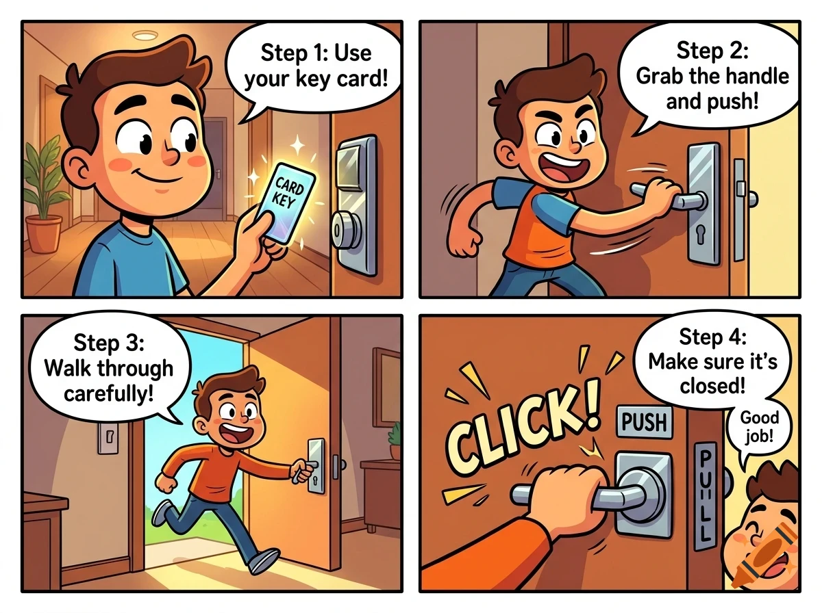 A four-panel cartoon comic illustrating four steps to open a door: using a key card, turning the handle and pushing, walking through carefully, and ensuring it is closed.