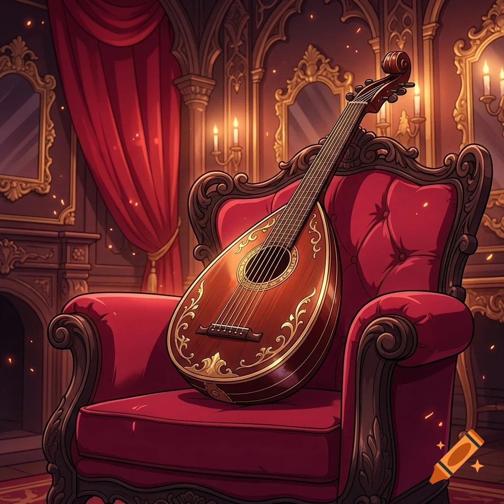 An ornate lute rests on a red velvet armchair inside an opulent room with red drapes and gold-framed mirrors.