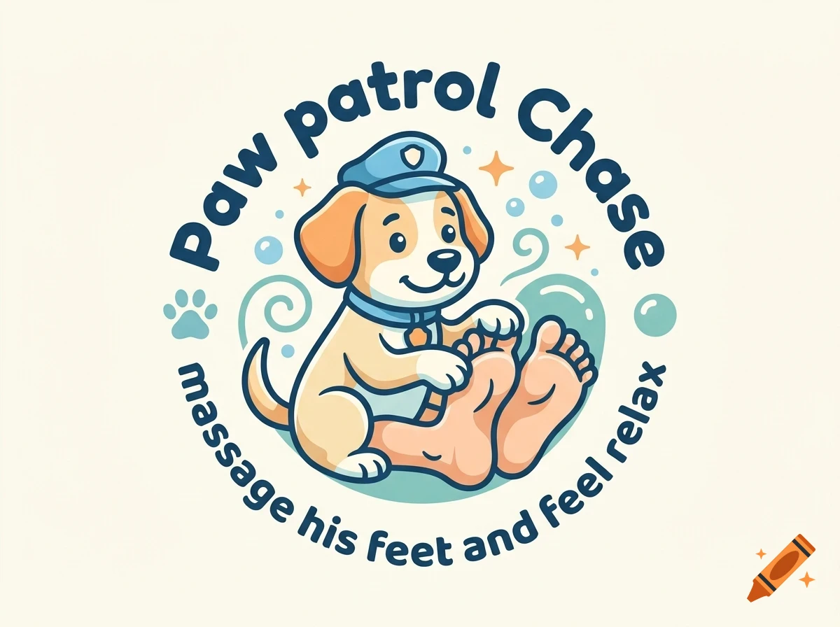 A circular cartoon illustration featuring a puppy in a police hat massaging feet, surrounded by text and bubbles.