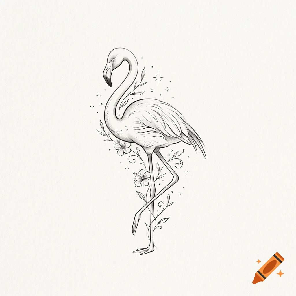 A detailed black-and-white ink drawing of a flamingo standing on one leg, surrounded by delicate floral vines and small star-like sparkles on a textured white background.