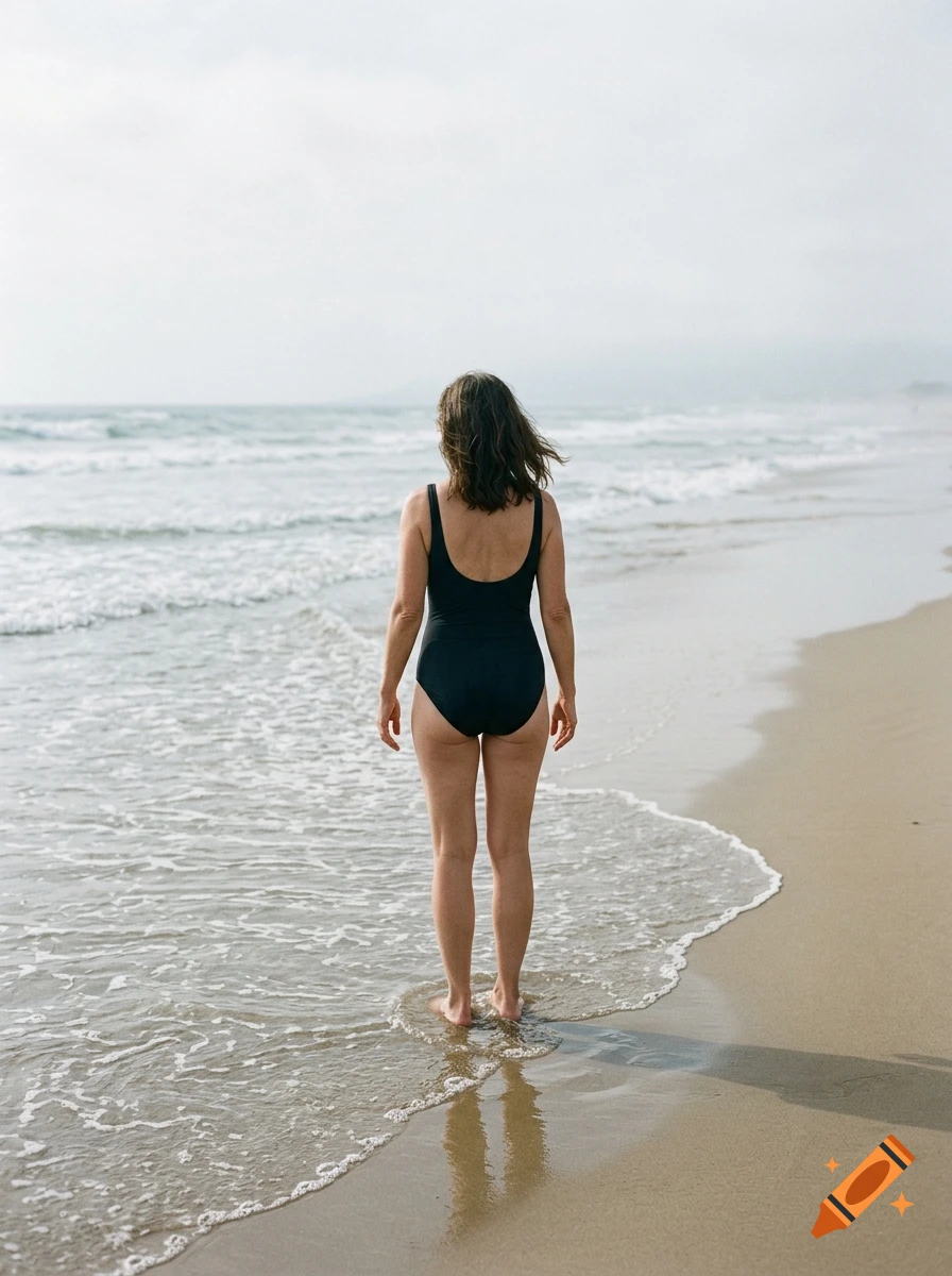 A woman in a black one-piece swimsuit standing alone on a sandy beach with waves washing over her feet.