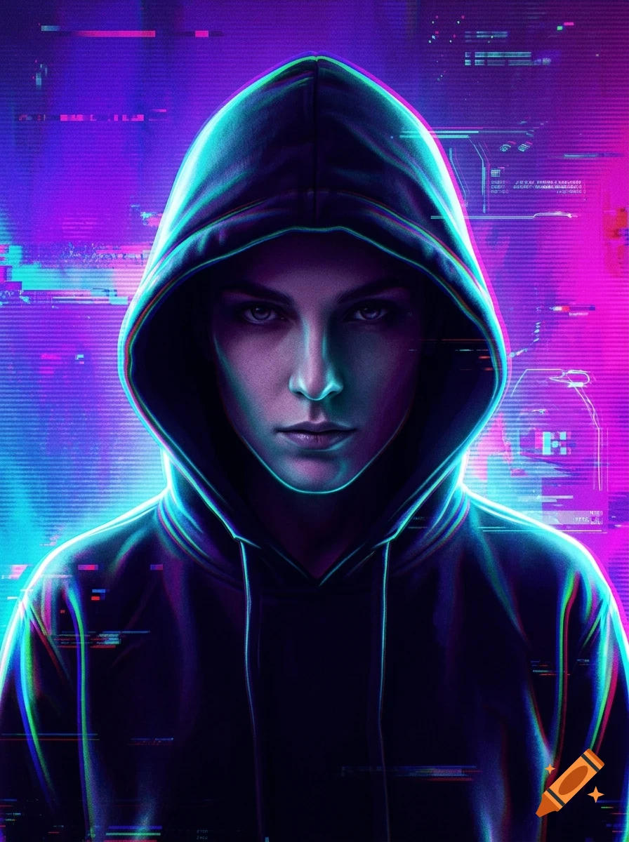 A close-up portrait of a person wearing a dark hoodie with glowing blue and purple neon outlines against a digital glitch background.