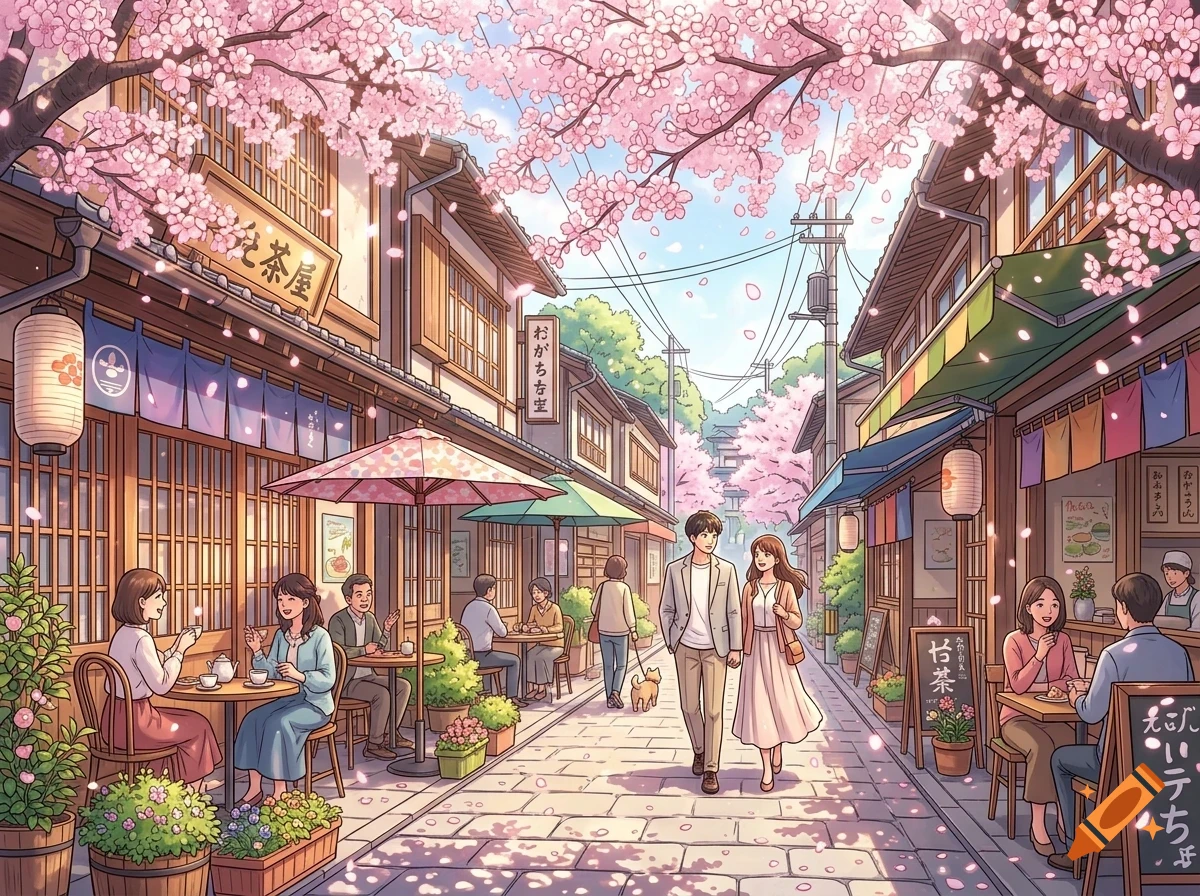 An anime-style illustration of a bustling traditional Japanese street lined with shops, cafes, and cherry blossom trees in full bloom.