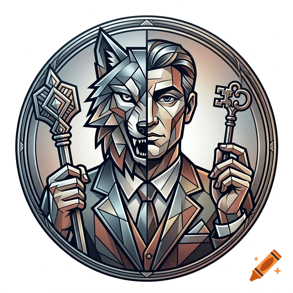 A stylized circular emblem showing a split portrait of a man in a suit and a wolf, holding a scepter and a key.