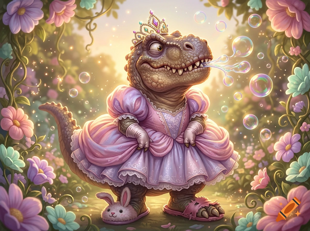 An illustrated T-Rex wearing a pink princess dress, tiara, and blowing bubbles in a magical garden filled with flowers.