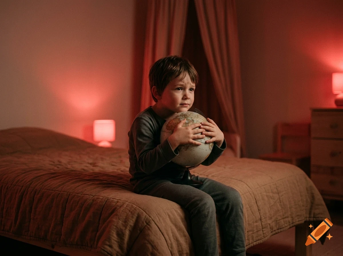 A young boy sitting on a bed in a dimly lit room, holding a globe close to his chest.
