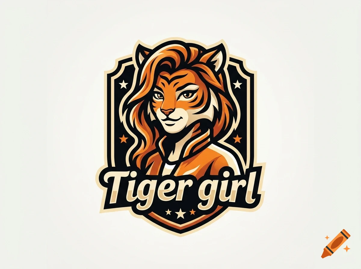 An illustrated logo featuring an anthropomorphic tiger character with long hair, set inside a shield with stars and the text Tiger girl.