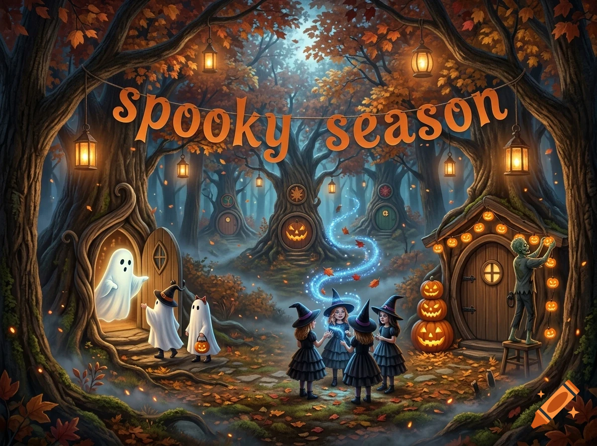 An enchanted autumn forest at twilight features glowing lanterns, a banner reading spooky season, a friendly ghost and children in Halloween costumes.