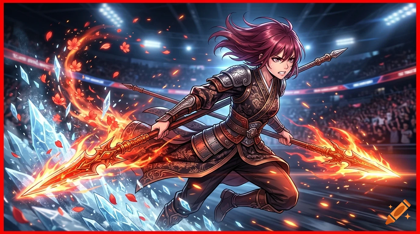 An anime-style action illustration of a female warrior with reddish-purple hair in ornate armor, wielding a flaming spear in a stadium.