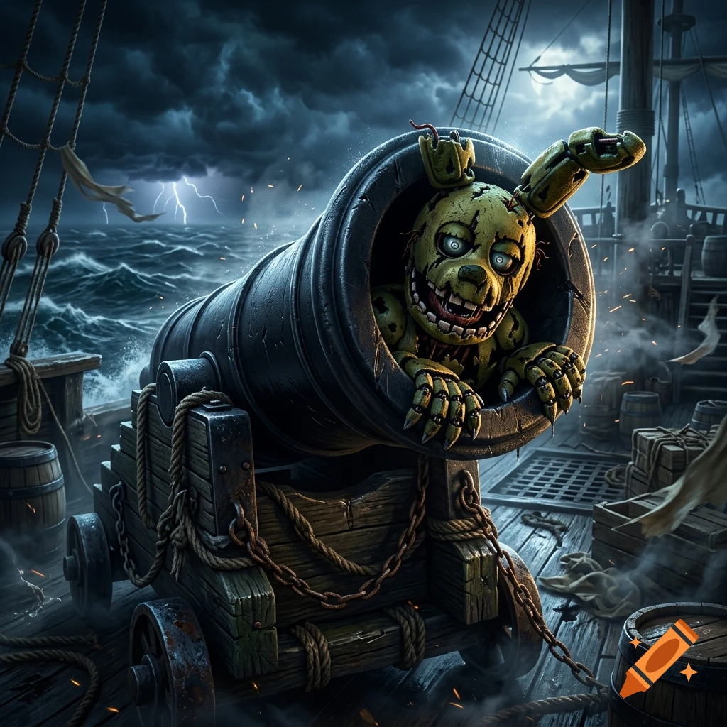 Springtrap character from Five Nights at Freddy's stuffed inside a black pirate cannon on a stormy sea ship deck.