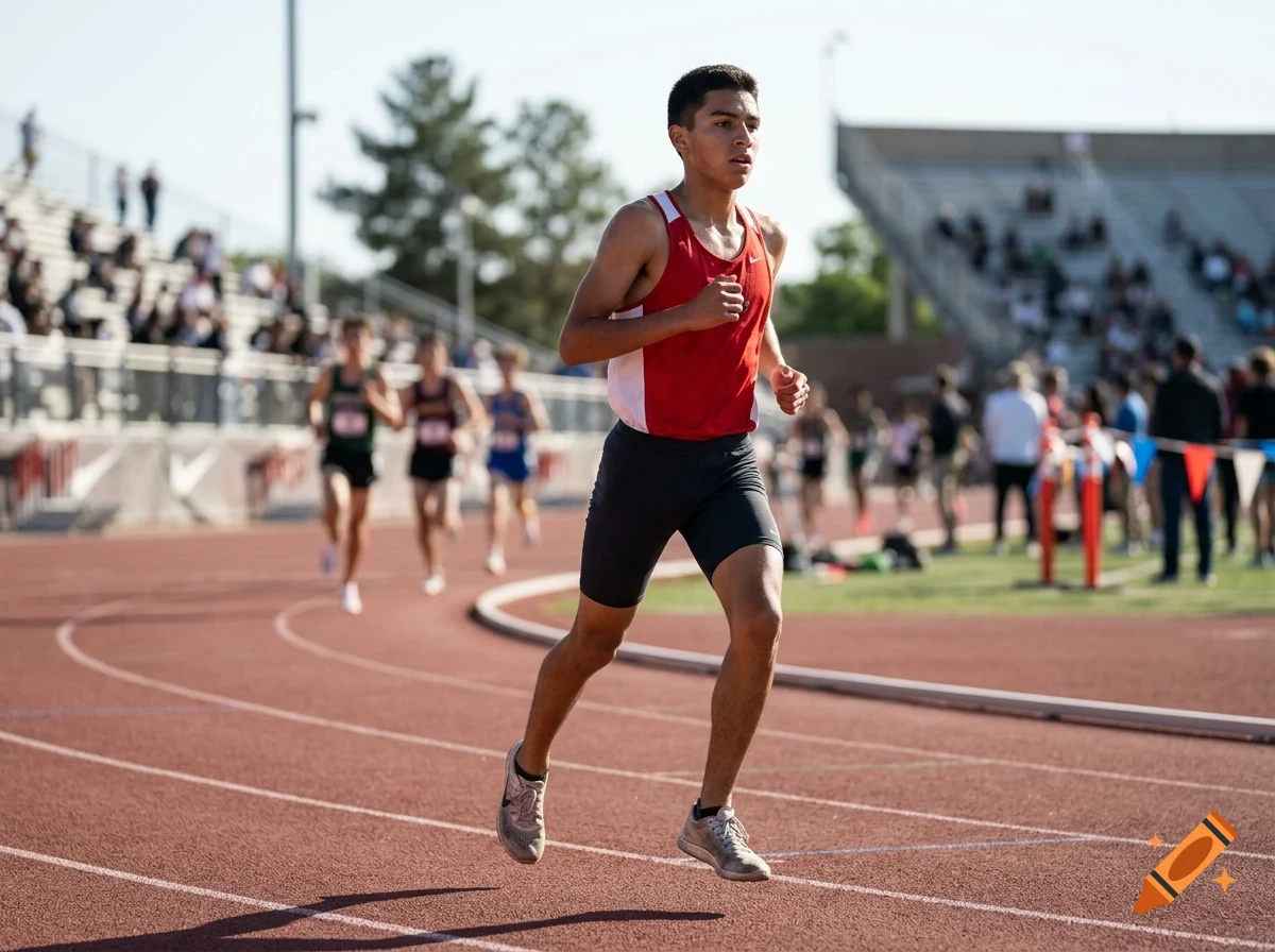 A young male runner wearing a red and white singlet and black shorts sprints on an outdoor running track during a track and field event, with other runners and spectators in the background.