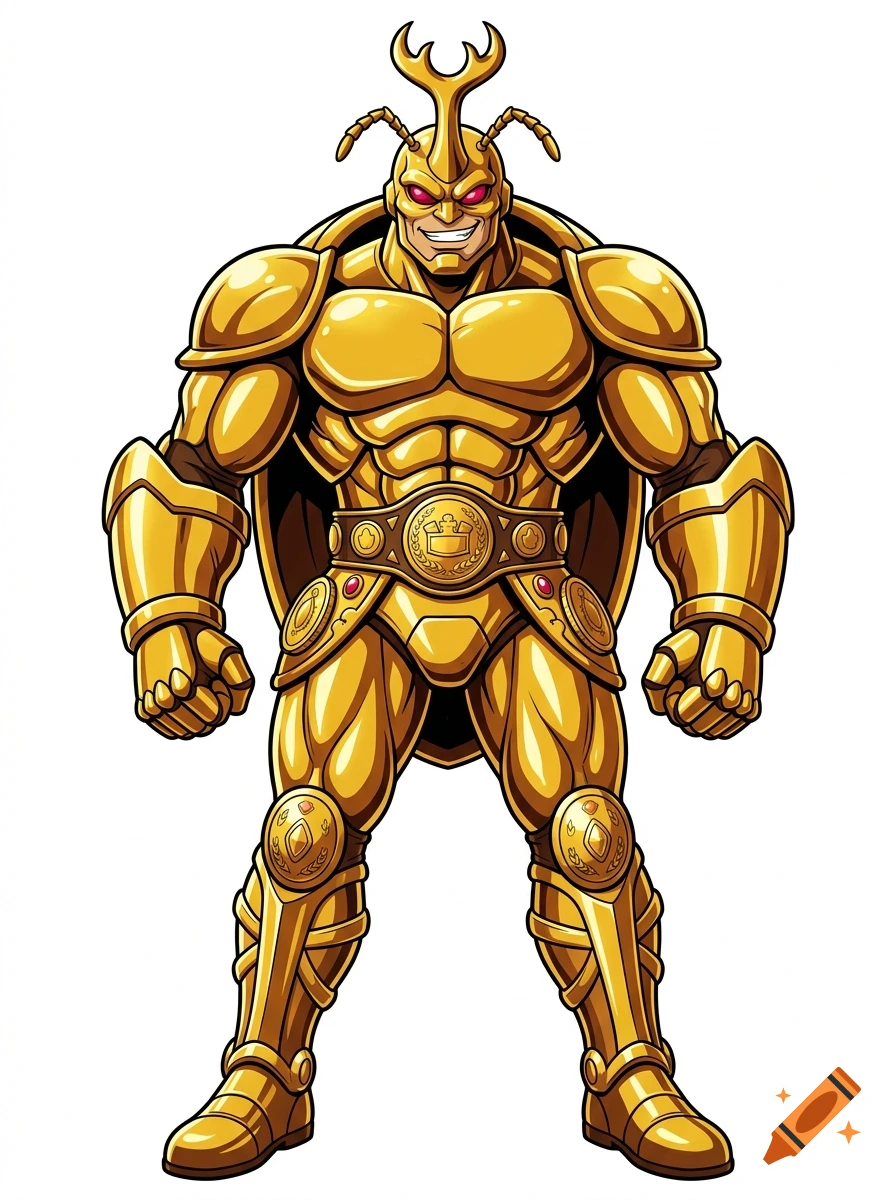 Full-body retro anime style illustration of a muscular beetle supervillain in shiny gold armor.