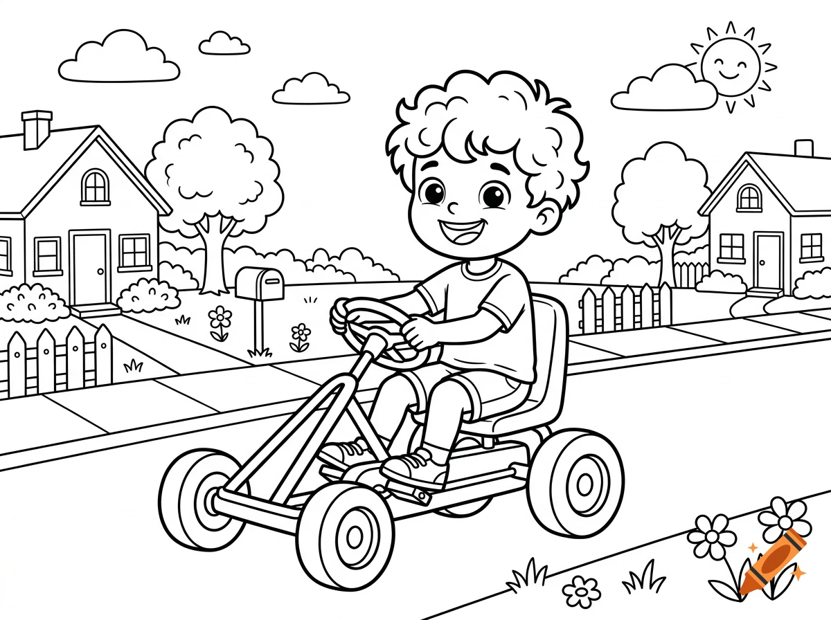 Black and white coloring page showing a smiling boy riding a pedal go-kart down a suburban street with houses in the background.