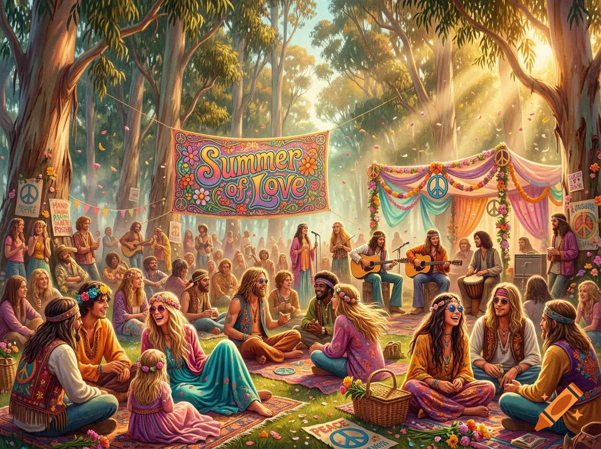An illustrated hippie gathering in Golden Gate Park during the Summer of Love, featuring a banner and people sitting on grass.