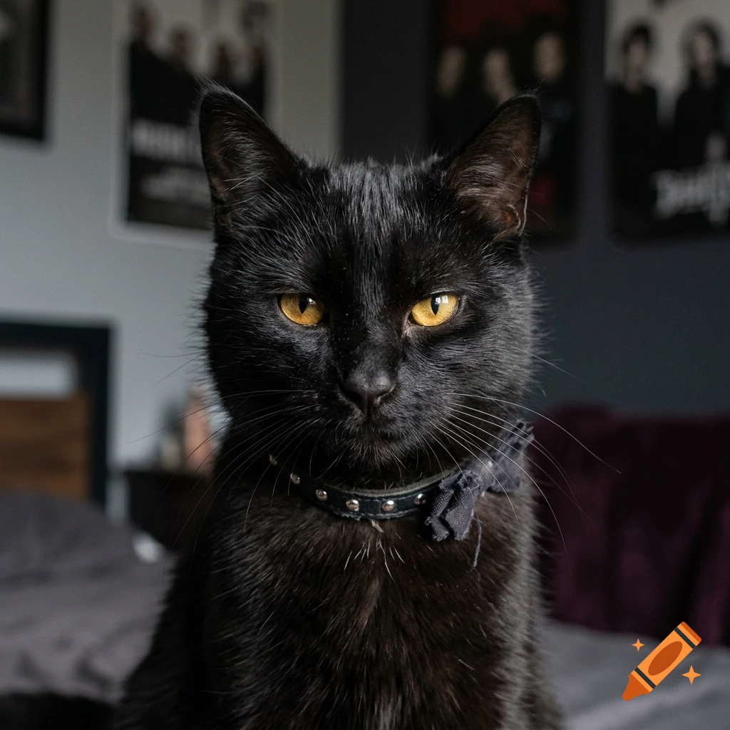 Close-up photorealistic portrait of a serious black cat with striking yellow eyes wearing a spiked collar and bow tie.