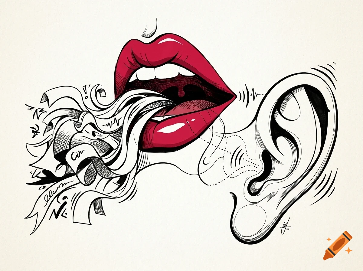 An ink and marker drawing depicting red lips speaking words that flow as ribbons and sound waves toward a human ear.