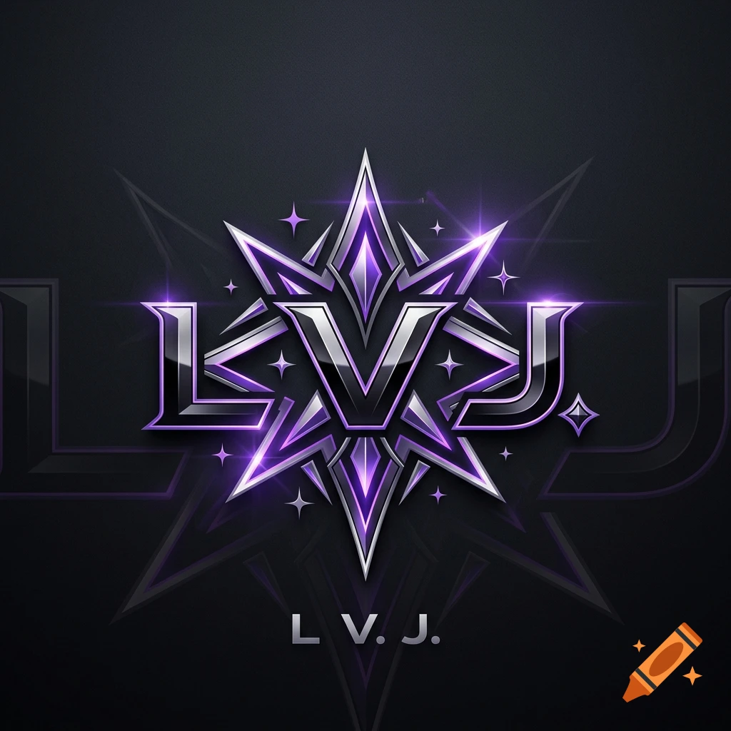 Metallic purple and silver logo with stylized text reading L V J centered over a star shape against a dark background.