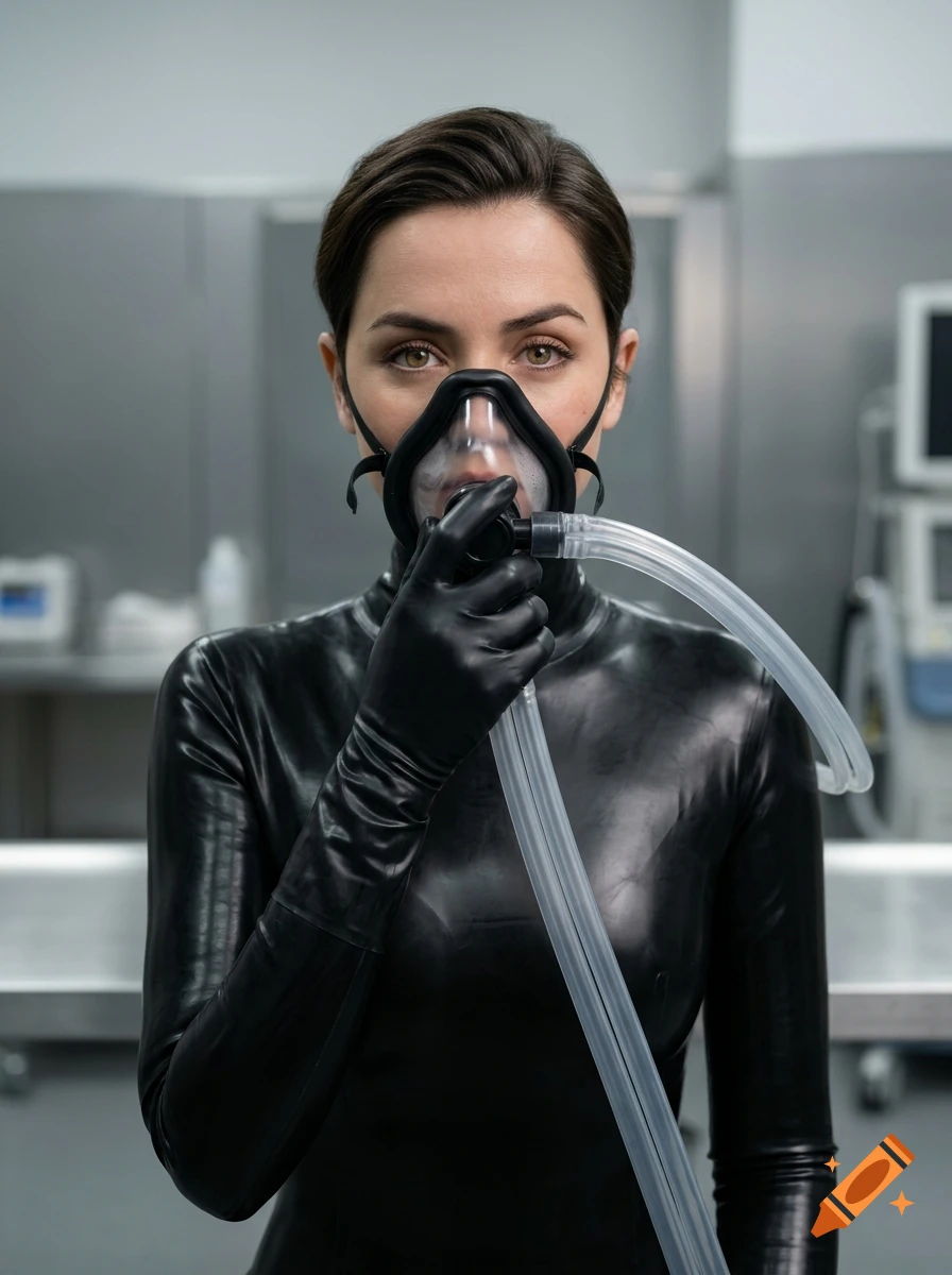Photorealistic portrait of a woman wearing a black latex suit and gloves, holding an anesthesia mask over her face in a medical setting.