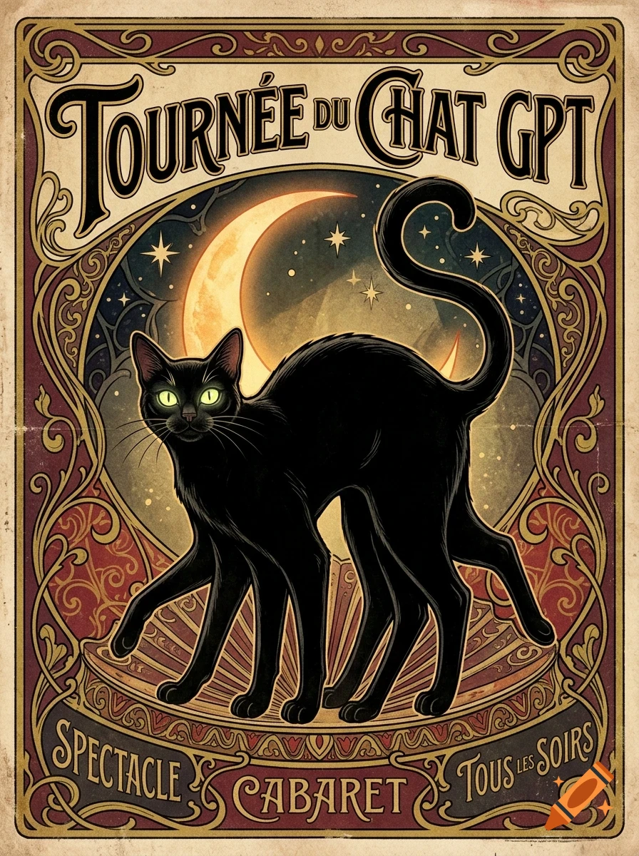 An Art Nouveau style vintage poster featuring a black cat with multiple legs set against a crescent moon and stars, with ornate borders and French text.