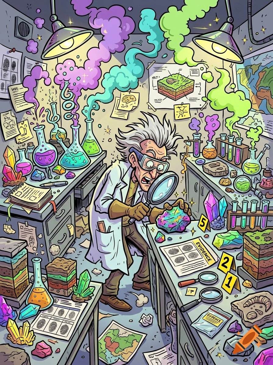 Cartoon illustration of a chaotic laboratory with a scientist examining a glowing crystal surrounded by bubbling flasks and smoke.