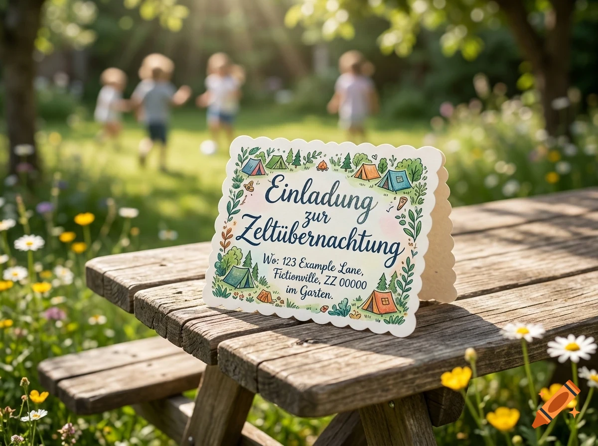 An invitation card for a tent sleepover in German resting on a wooden picnic table outdoors in a garden with children playing in the blurry background.