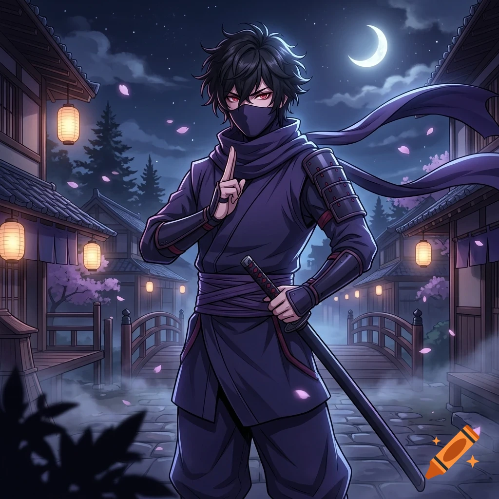 An anime ninja with dark hair and red eyes, wearing purple ninja attire and a mask, stands in a traditional Japanese village street at night with glowing lanterns and a crescent moon.